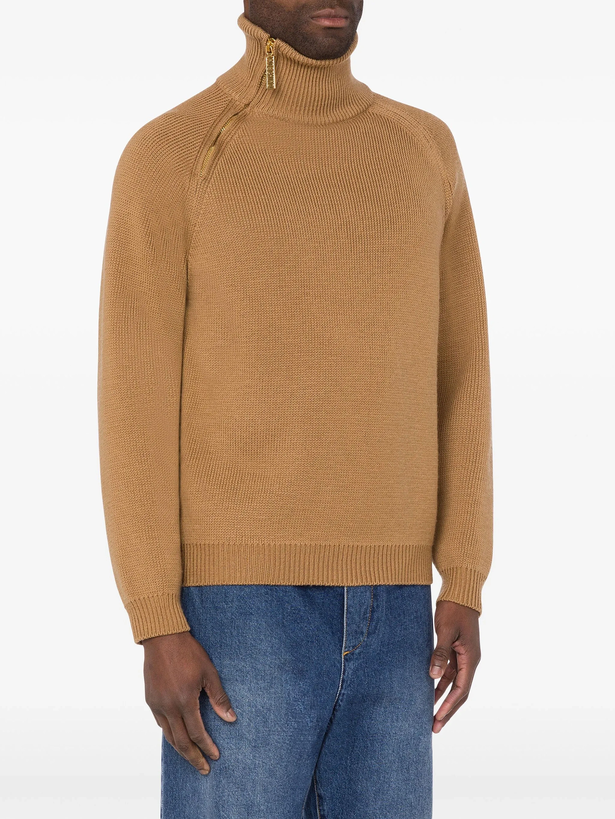 Pull à manches longues côtelé à col montant et fermeture éclair pour homme, couleur unie, 100 % laine, calibre 5/7, idéal pour les déplacements professionnels ou professionnels. 1