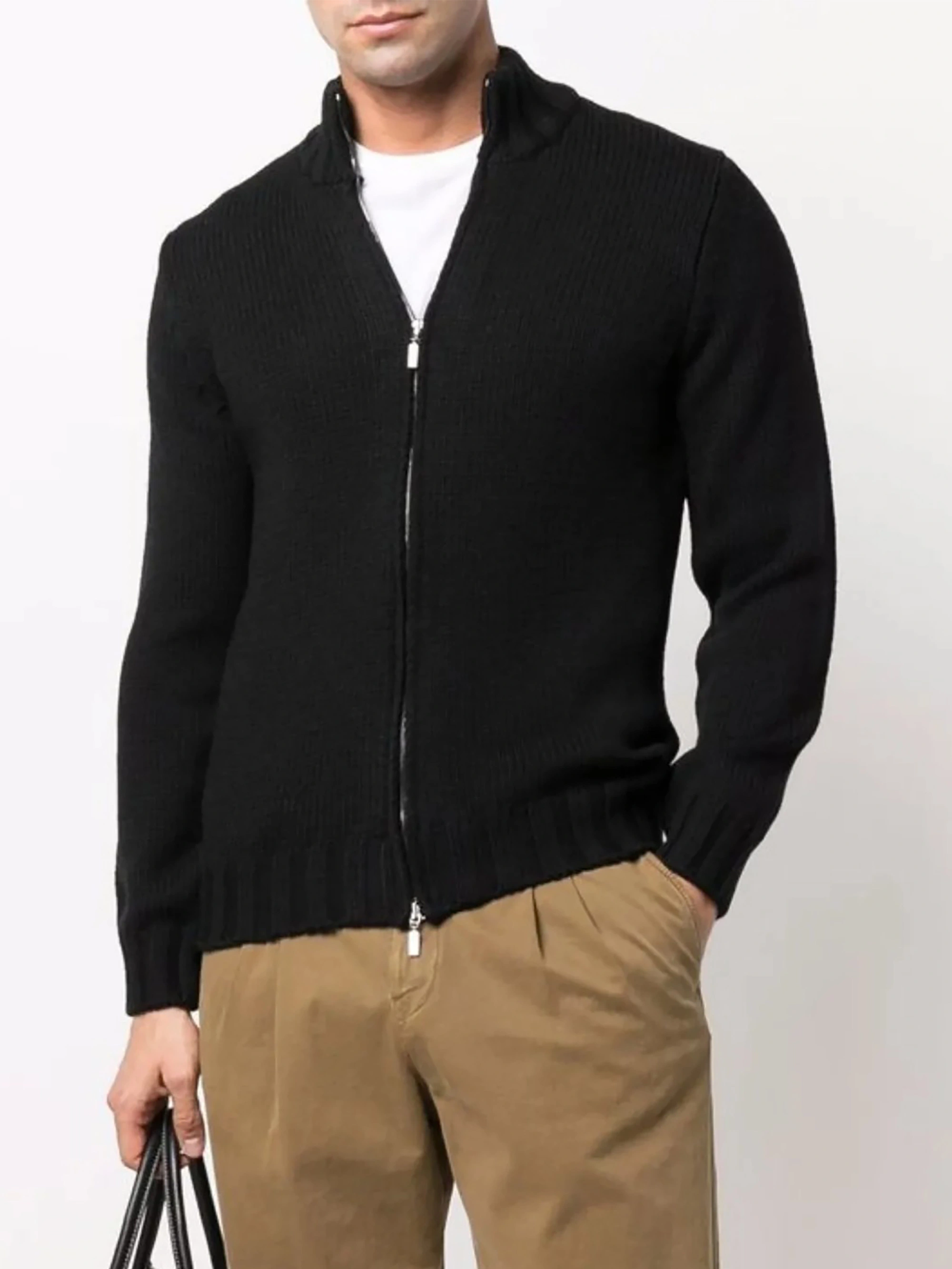 Fan Flo Men's Regular Shoulder Ribbed Solid Color Commute Zip-Up Cardigan 100% Wool 5/7 Gauge Casual Business Knit Sweater Coat 1