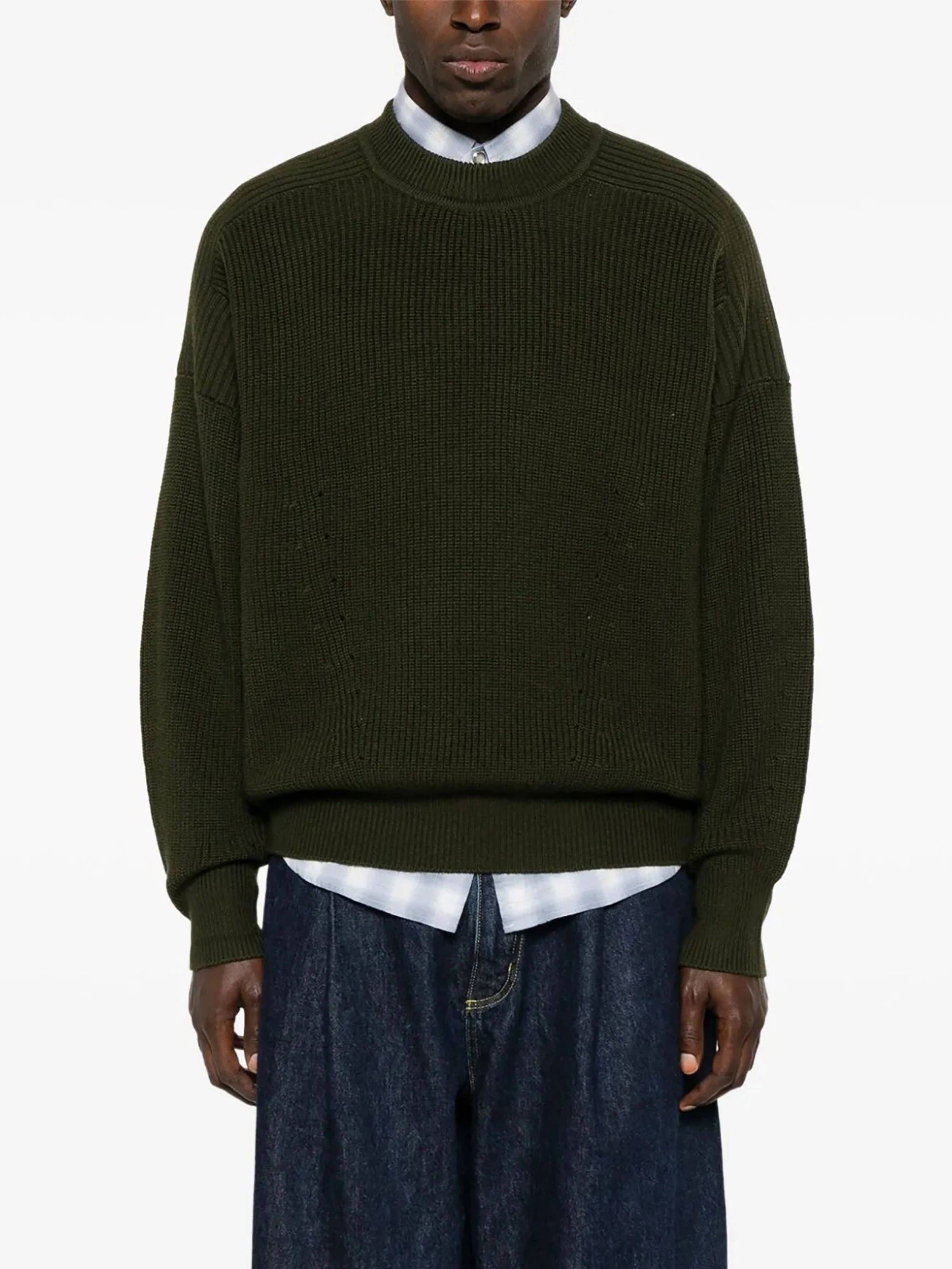 Fan Flo Men's Drop Shoulder Ribbed Solid Color Round Neck Pullover Sweater 100% Pure Wool 5/7 Gauge Casual Commuting Knitwear 1