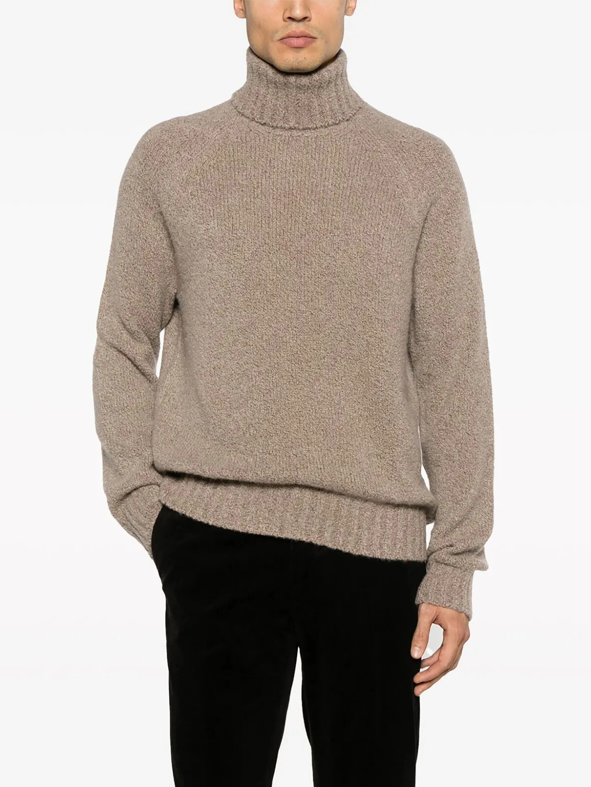 Fan Flon Men's Drop Shoulder Ribbed Solid Color 100% High Neck Wool Sweater 100% Pure Wool 5/7 Gauge Casual Versatile Knit Pullover 1