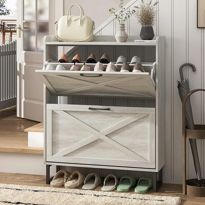 Meuble de rangement à chaussures Maupvit avec 2 tiroirs rabattables, organiseur autonome avec pieds en métal pour entrée, meuble à chaussures étroit, beige 1