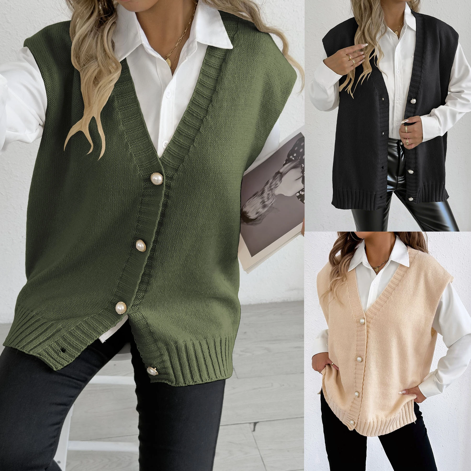 Chaleco informal abierto para mujer | Corte holgado con botones de perla | Otoño/Invierno al por mayor | Precios de proveedores OEM 1