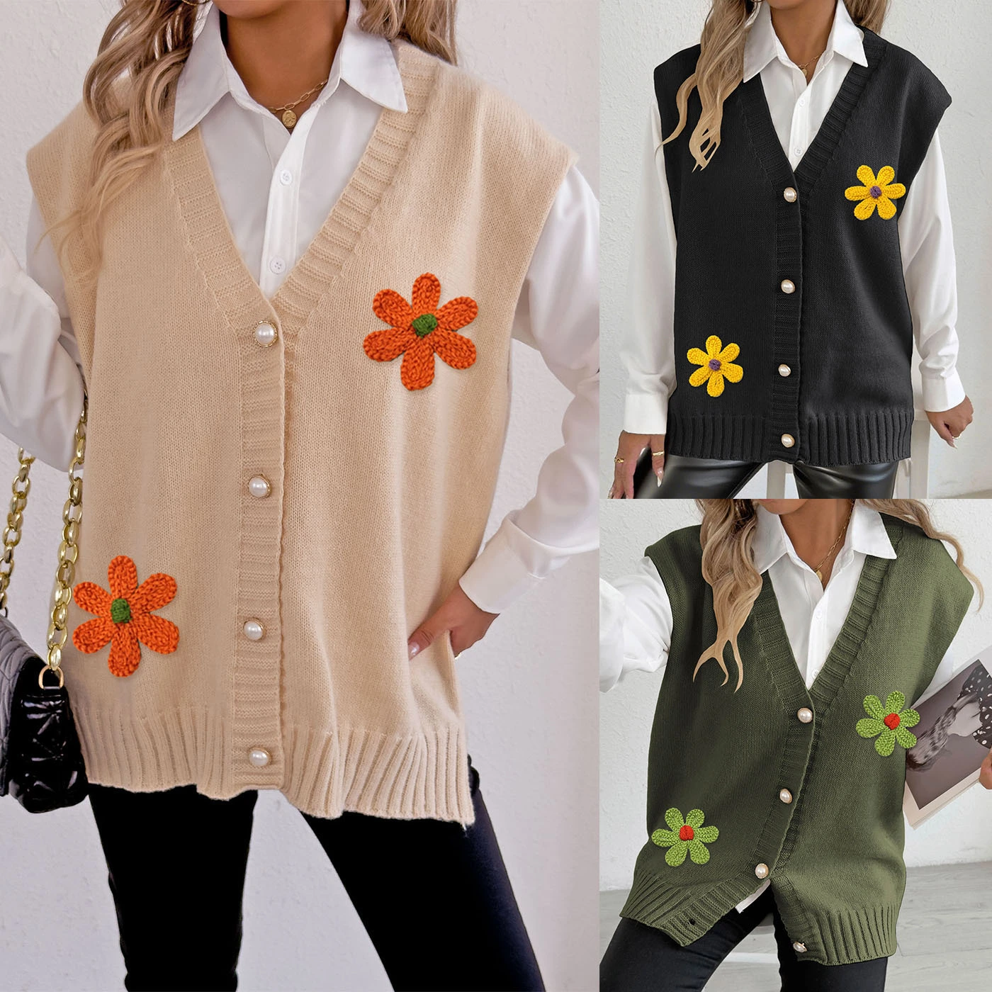 Chaleco de punto con botones de perla personalizable para mujer, corte holgado, diseño floral, OEM, directo de fábrica. 1