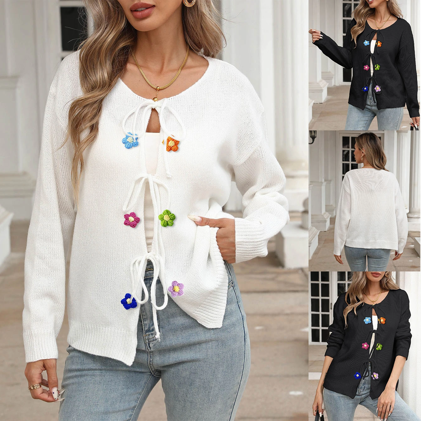 Wholesale Customizable Women's Knit Cardigan with Bow Tie & Crochet Patchwork - Autumn Winter Fashion OEM Factory Price 1