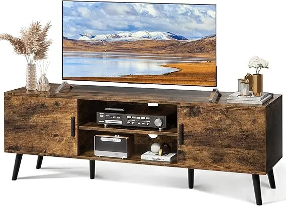 Soporte para TV de 55, centro de entretenimiento, estante ajustable, 2 gabinetes, patas de madera, orificios para cables, sala de estar 1