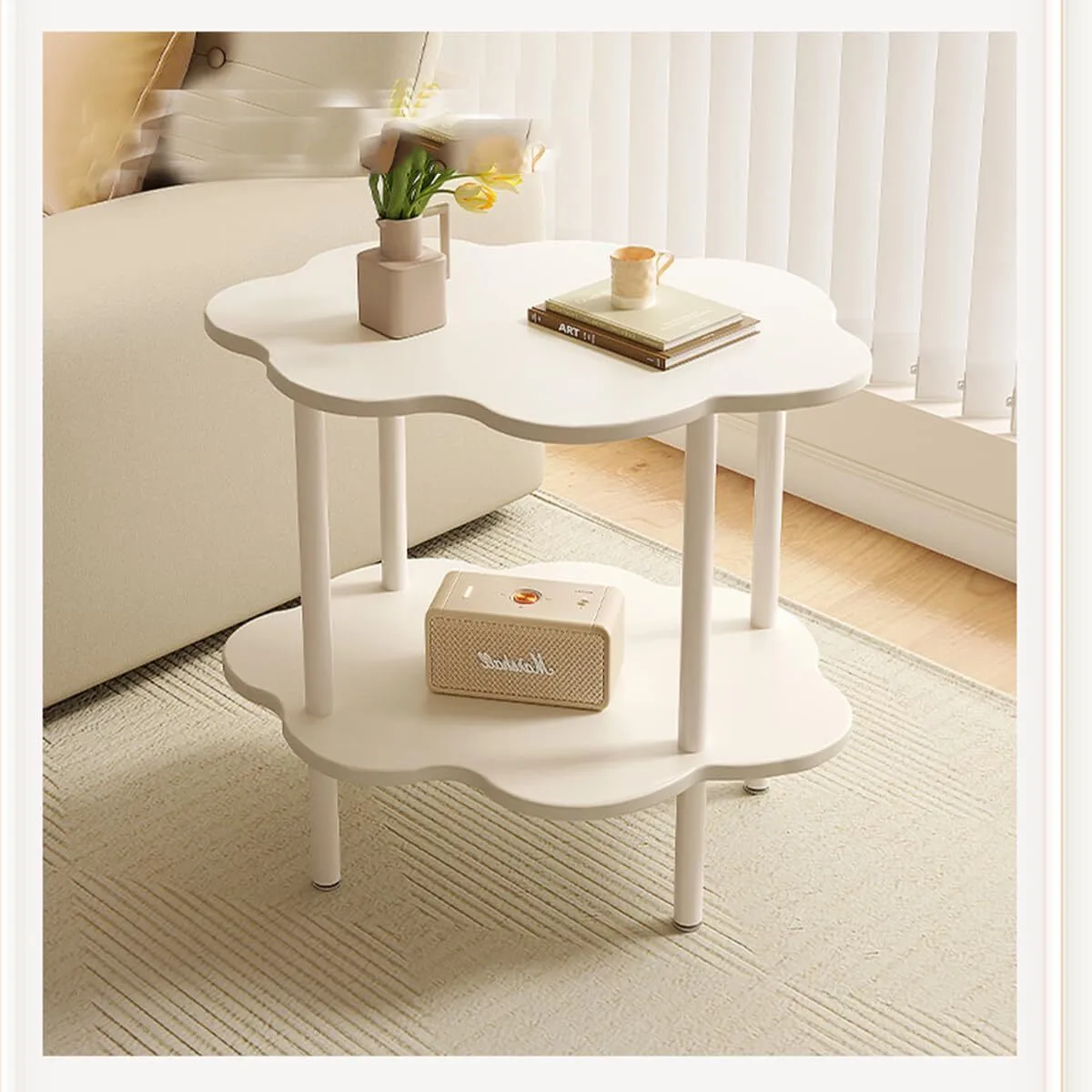 Combohome 2-Tier Flower Shape Small Side Table, Small End Table, Modern Nightstand, Accent Bedside Table, White 1