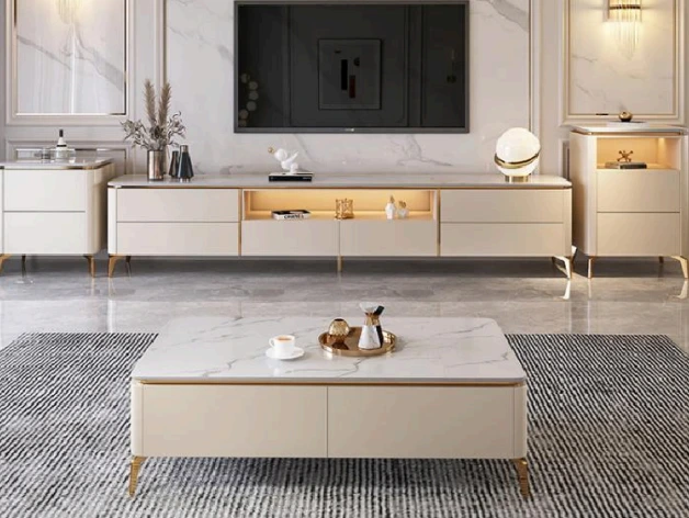 Conjunto de muebles de sala de estar moderno: Mueble de TV de lujo ligero de alta gama y mesa de centro de mármol, combinación perfecta para una decoración elegante del hogar. 1