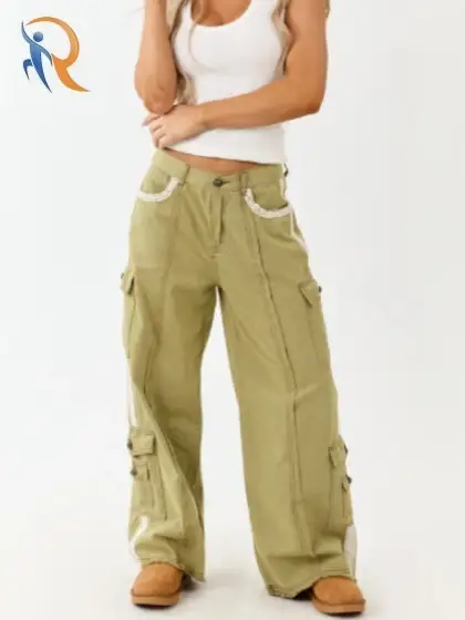POL Olive Denim Patchwork Wide Leg Cargo Pants 1