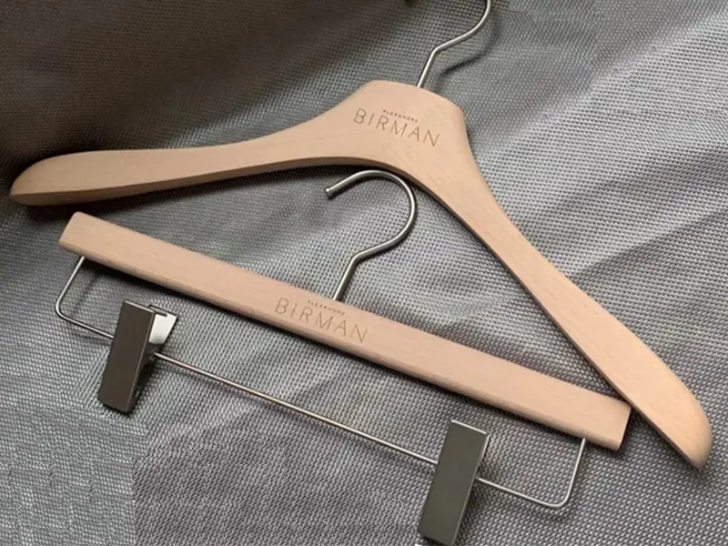 Class A beech wooden coat hanger with custom brand logo 1