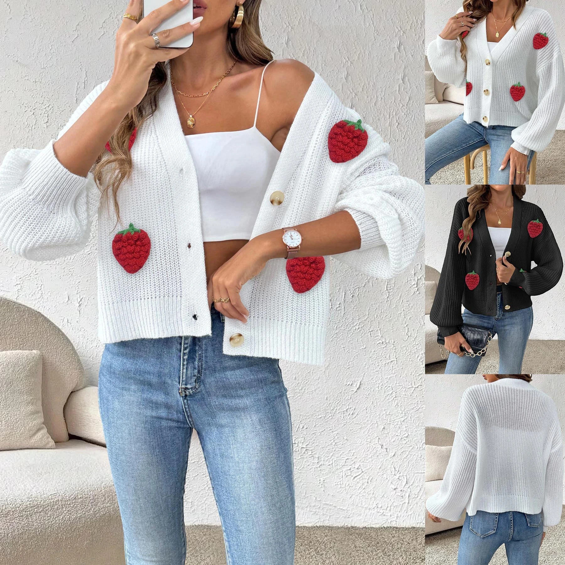 Cárdigan de mezcla de lana para mujer, bordado de fresa 3D, pedidos al por mayor con pedido mínimo bajo. 1