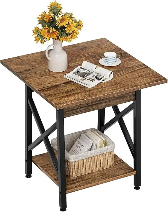 End Table 24 inch for Living Room, Large Square Side Tables with X-Frame, Tall Industrial Bedside Nightstand with 2-Tier Storage 1