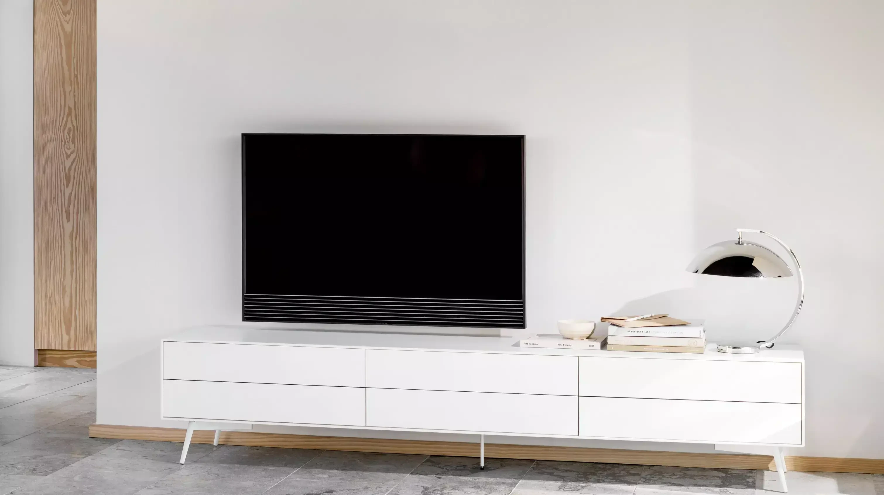 White lacquer finish Modern Media Unit with Drop - Down Door and Drawers for Living Room Storage 1