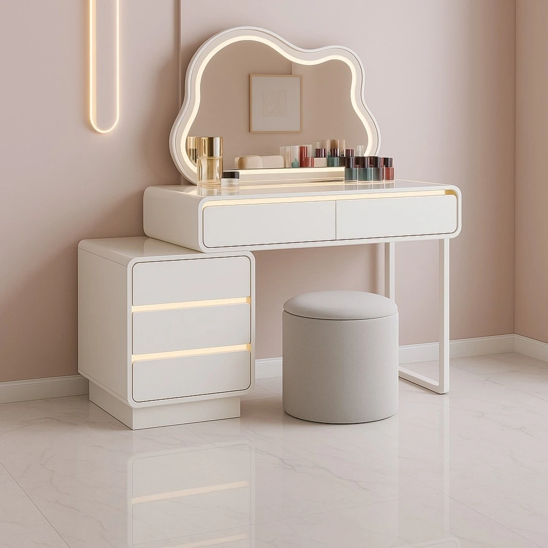 White Lacquered Vanity Set with Cloud - Shaped LED Mirror, Drawers, Modern Makeup Table for Bedroom 1