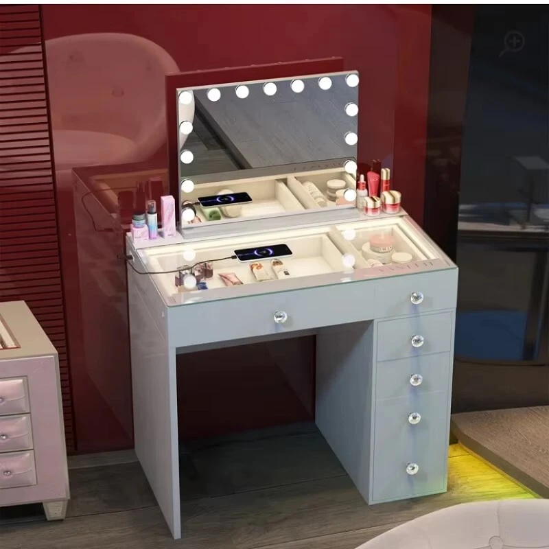 Modern High Gloss 6 Drawers Vanity Table Set With Mirror Led Light Dressing Table For Bedroom 1