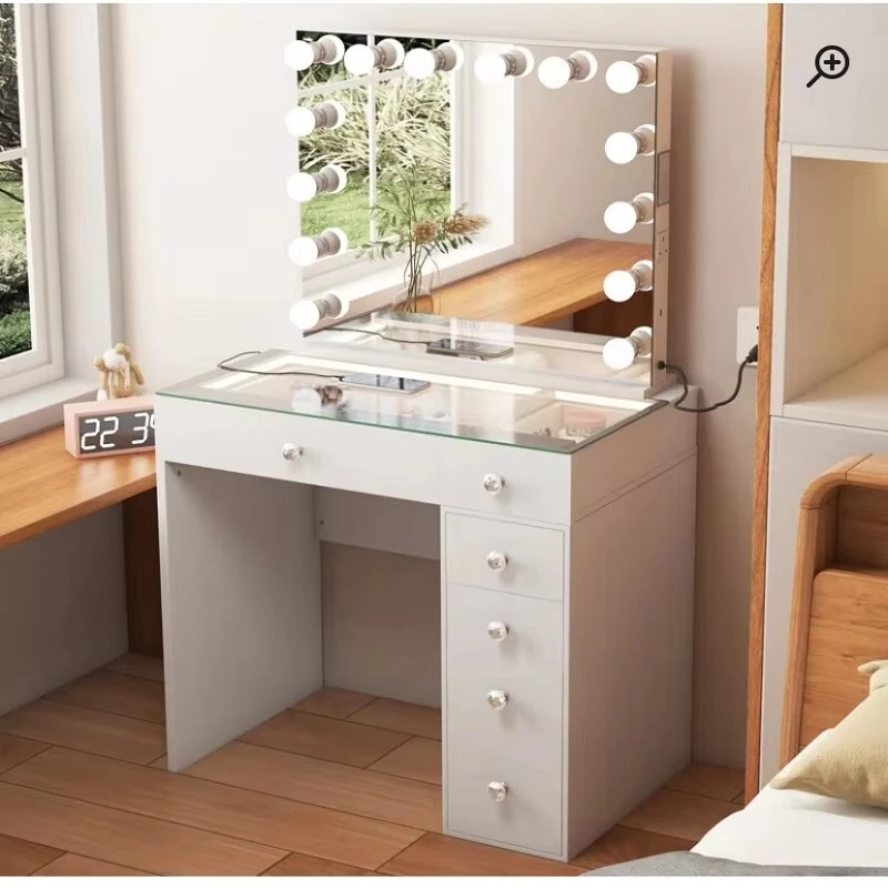 Modern High Gloss 6 Drawers Vanity Table Set With Mirror Led Light For Bedroom 1