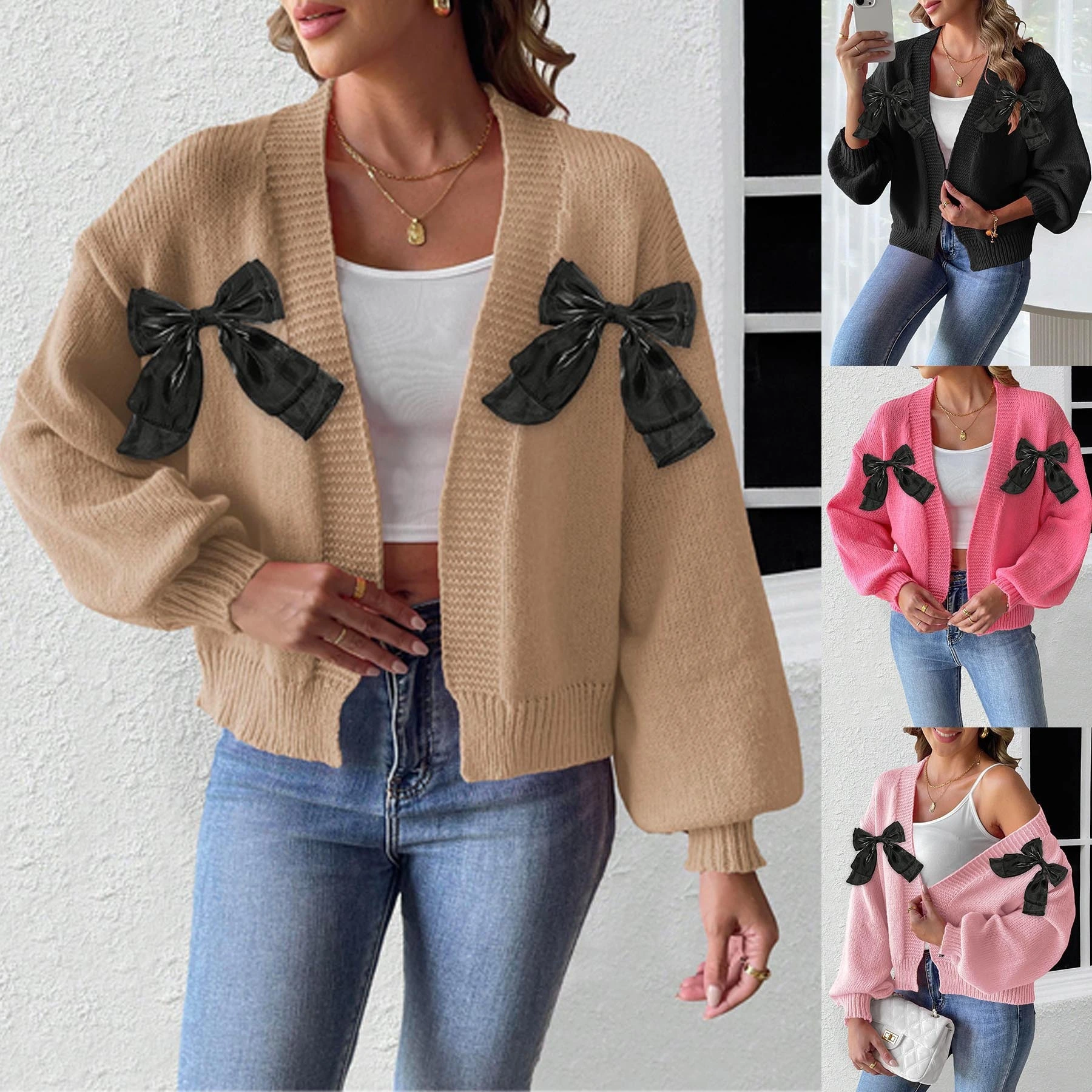 Autumn Winter Women's Cardigan Bulk Supply - Ribbon Bow Accent & Patchwork Design, European Style Knit Outerwear for Wholesale 1