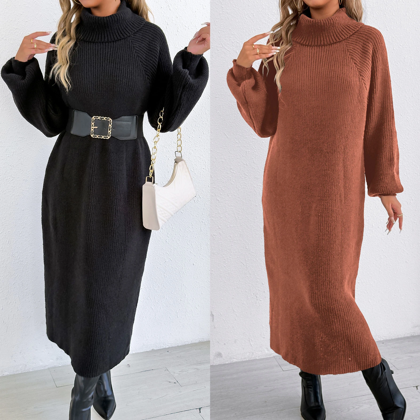 Wholesale Ladies' New Season (Autumn Winter) Sweater Dress Loose Long Dress, High Lapel Collar, No Belt for Bulk Order 1