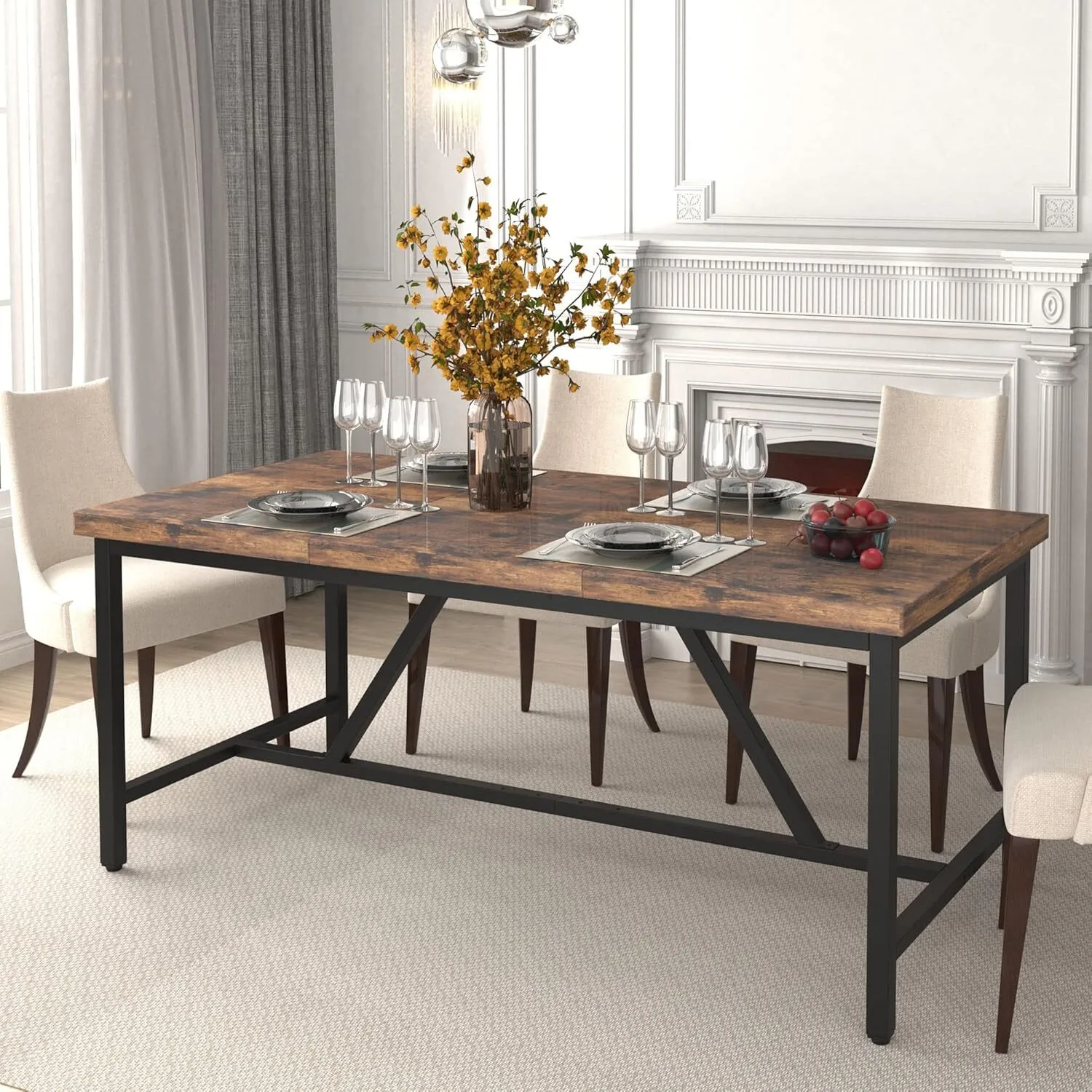 Large Kitchen Dining Room Table for 6-8 People Rustic Brown Farmhouse Industrial Wood Style Rectangle Apartment Dinning Room Dinette Tables for Eating Dinner 1