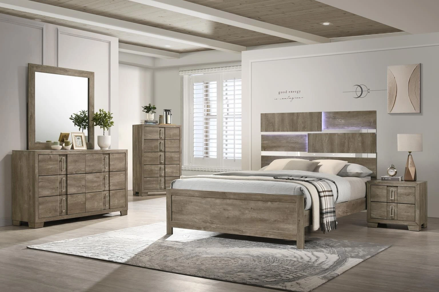 Modern oak  Bedroom Set with LED Headboard, Dresser, Mirror, Chest, and Nightstand 1