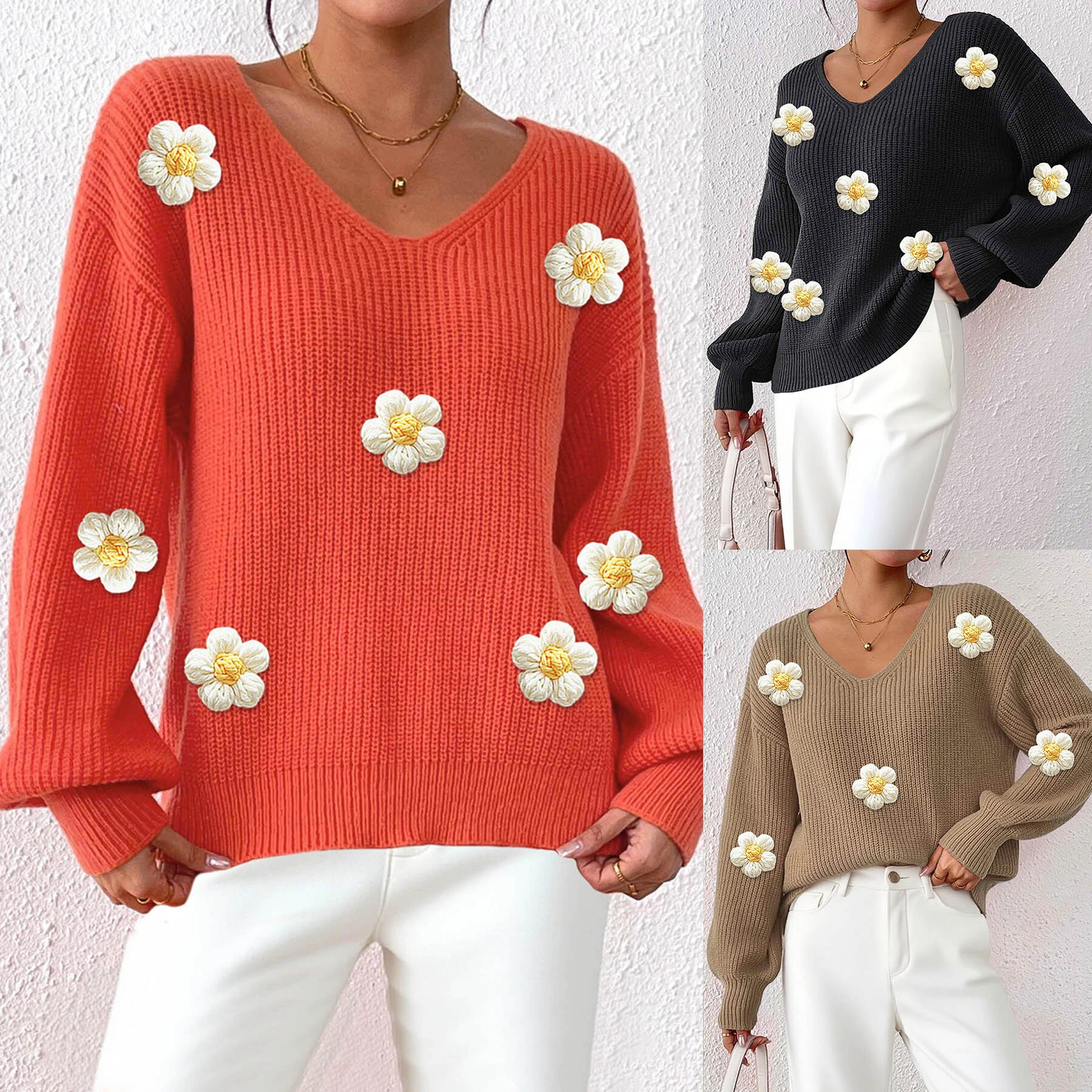 Suéter único para mujer al por mayor: moda transfronteriza con flores tejidas a mano y detalles de patchwork 3D. 1