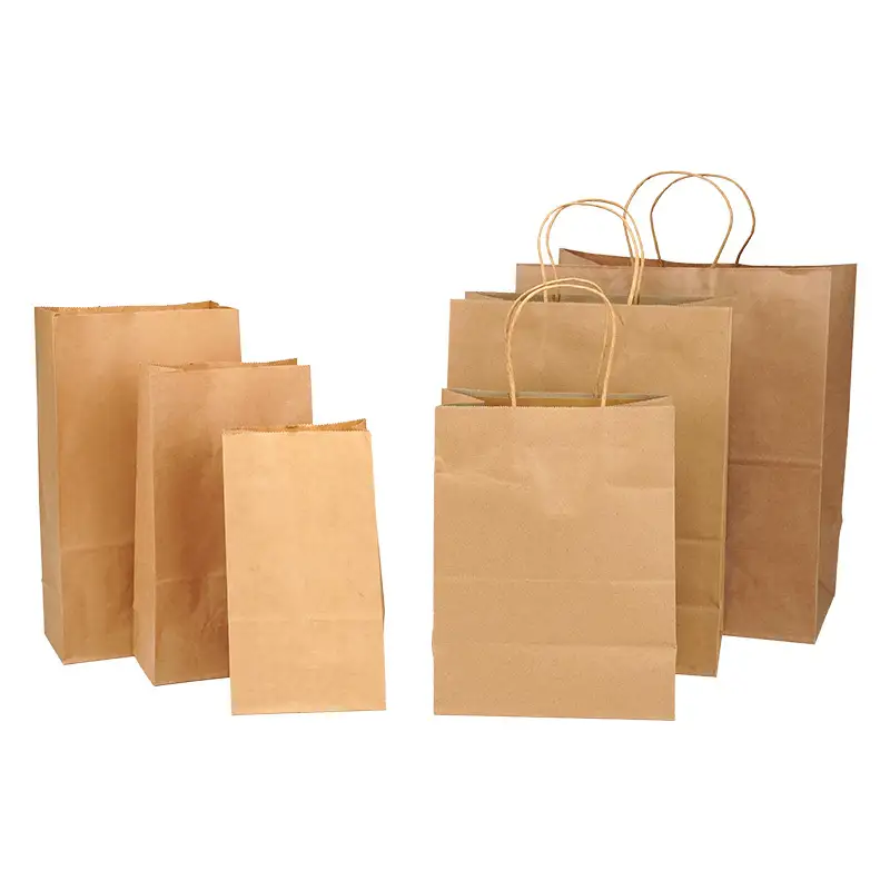 Factory Custom Printing logo Sizes Food Packaging Square Flat Bottom Paper Bag Brown Kraft Paper Bag With Handle 1