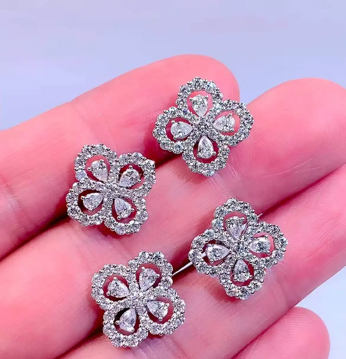 18K White Gold Pear Shape Four Leaf Clover Earrings 1
