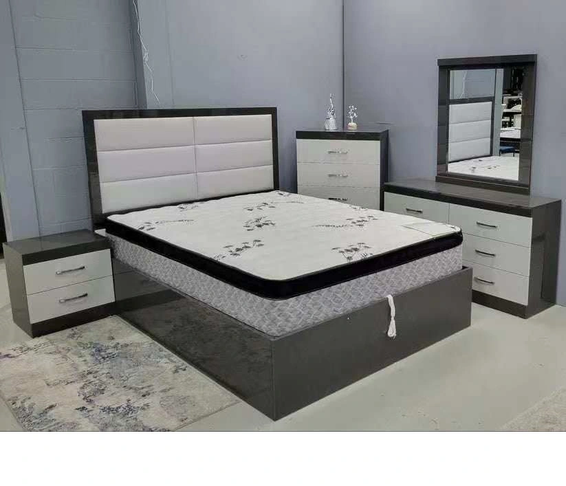 Modern Cheap High Gloss Sheet 4-Piece Wood Bedroom Set for Queen/King Size Beds Nightstand Chest Drawers Sideboard Cabinet 1