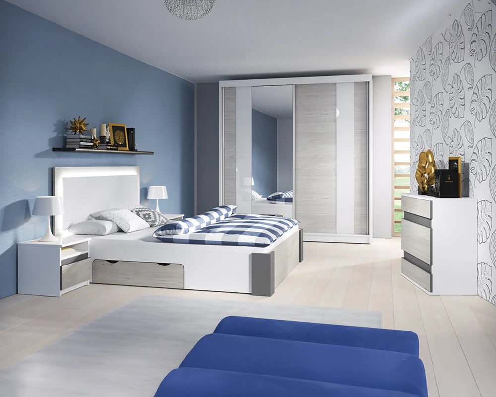 Conjunto de quarto moderno em azul e branco com cama com armazenamento, cabeceira de LED, guarda-roupa e mesas de cabeceira 1