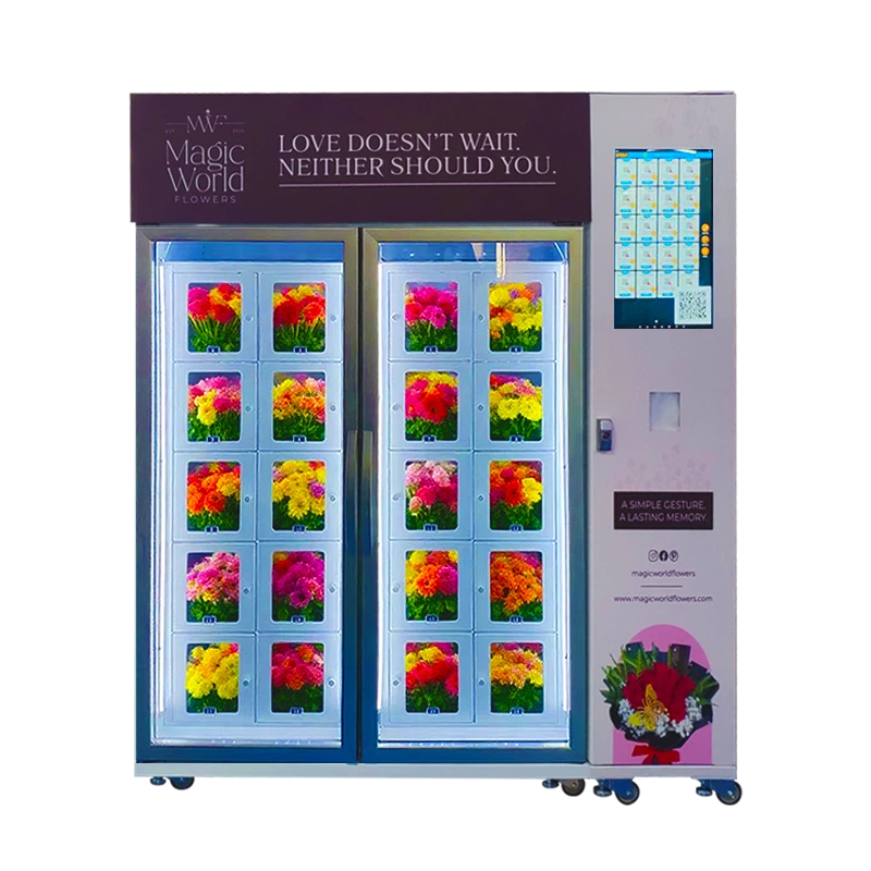 Refrigerated fresh flower vending machine demo video showing automatic door rebound, smart moisturizing, 22-inch touchscreen, B2B supplier.