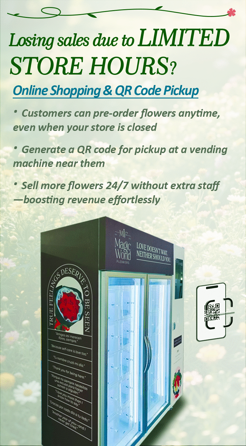 Refrigerated fresh flower vending machine supports QR code pickup, 22-inch touchscreen, multiple payment system including card, e-wallet, bill, coin, factory supplier vending solution, refrigerated cabinet with intelligent locker system for fresh flower vending.