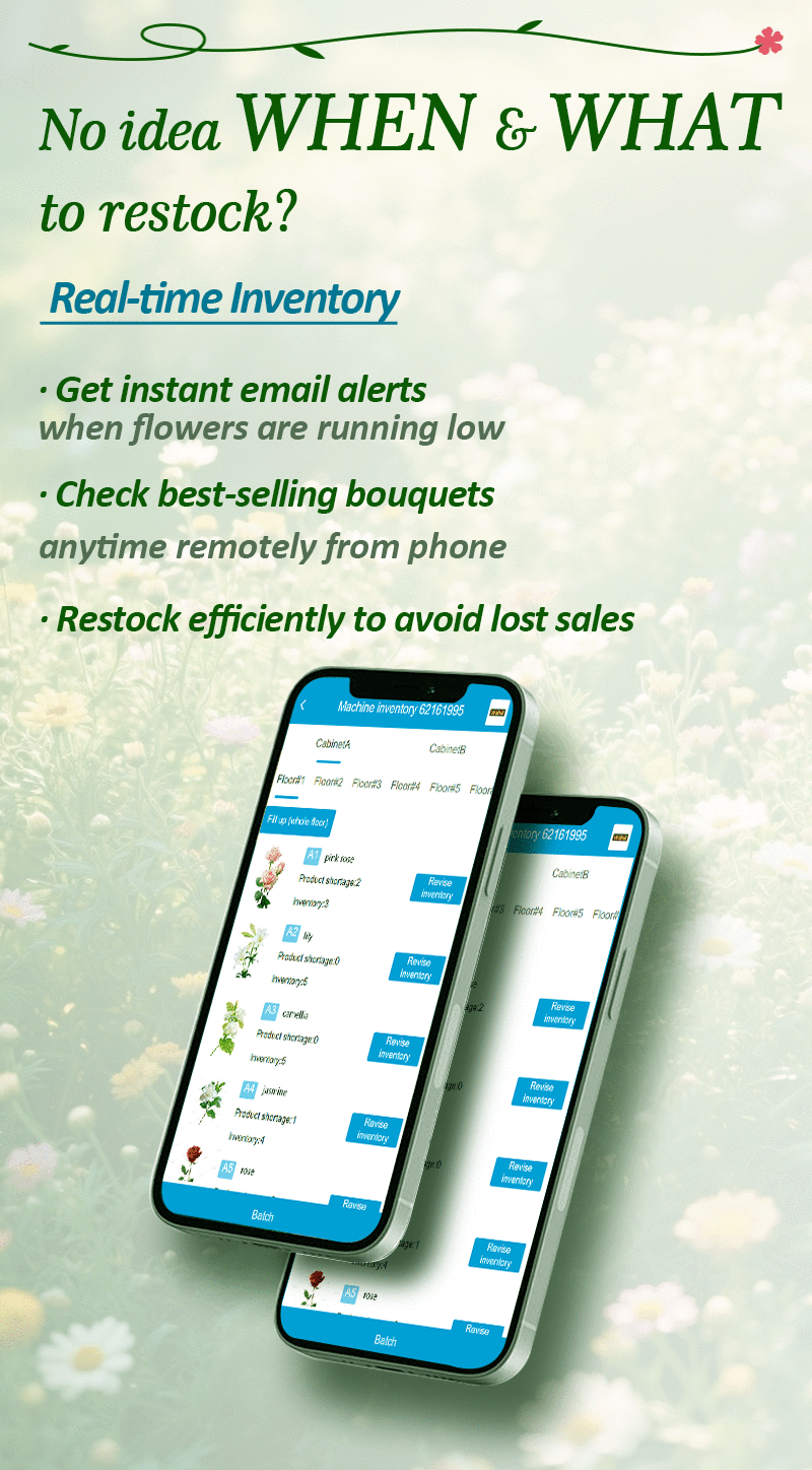 Refrigerated fresh flower vending machine features smart inventory management, real-time locker monitoring, Android 11.1 OS, supplier direct factory price, B2B flower vending solution with refrigerated cabinet and customizable vending stickers.