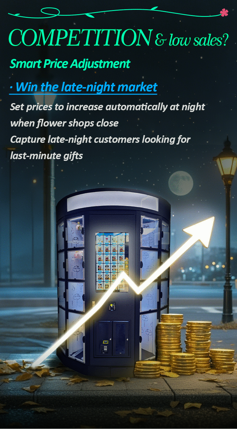 Refrigerated fresh flower vending machine applies AI night smart price increase, refrigerated flowers stay fresh, 24/7 vending solution.