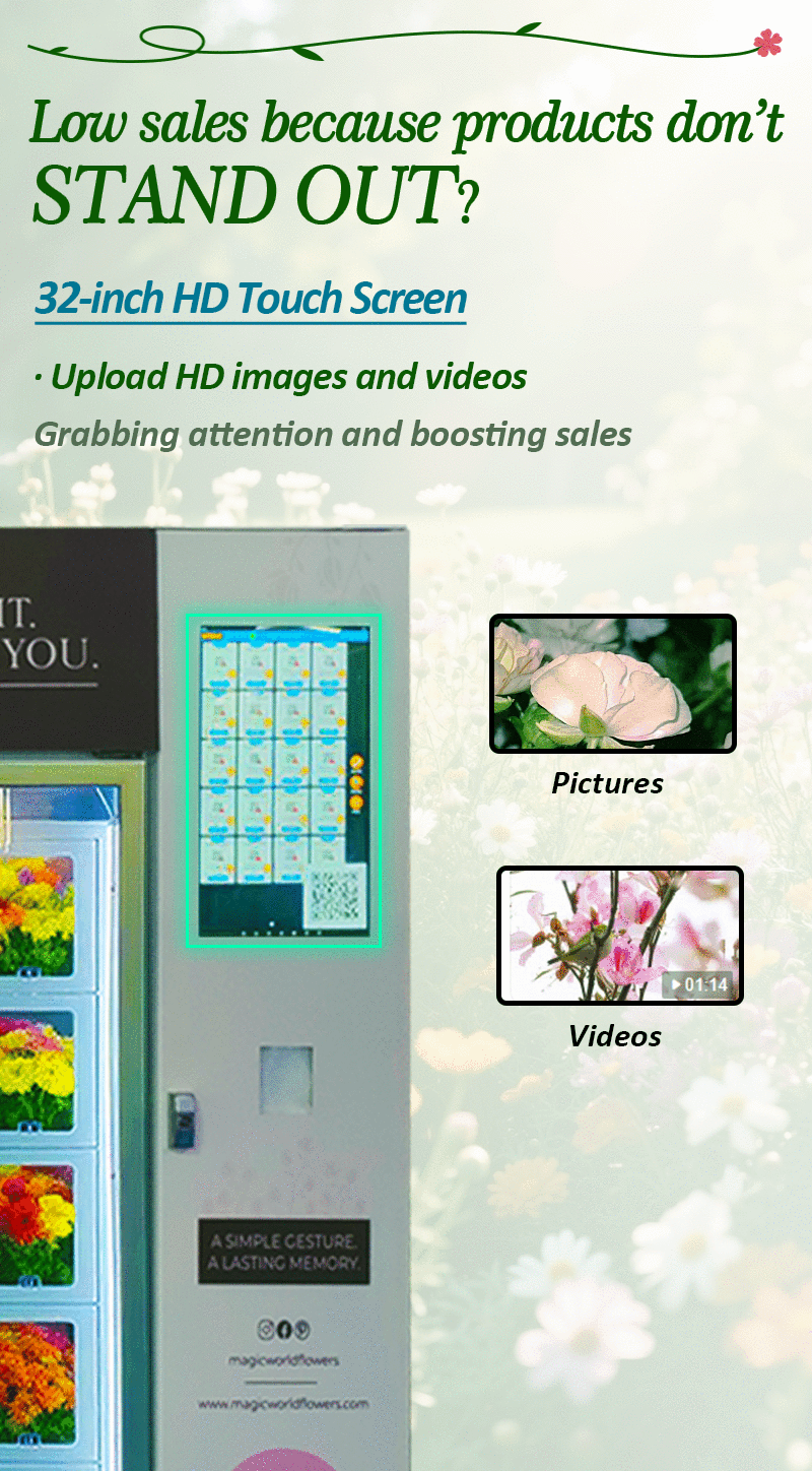 Refrigerated fresh flower vending machine with 22-inch HD touchscreen, Android system, smart payment, supports card, coin, e-wallet, ideal vending solution.