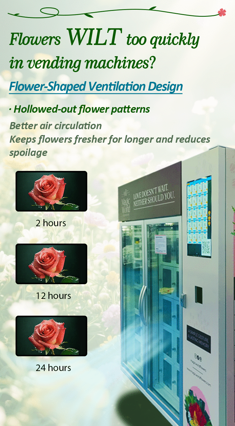 Refrigerated fresh flower vending machine with advanced cold air circulation, 3℃-20℃ cooling, intelligent moisturizing, keeping fresh flowers long-lasting.