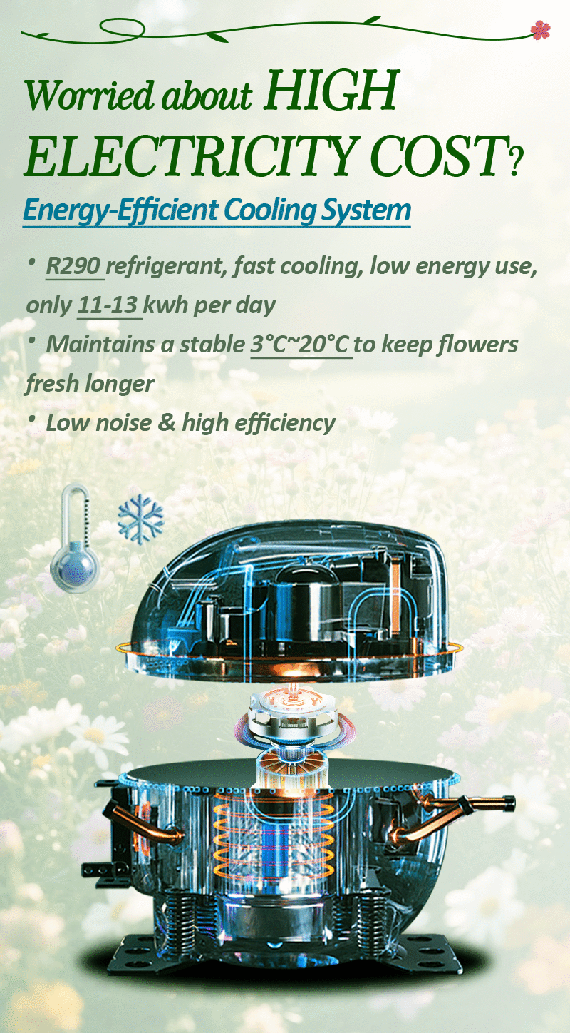 Refrigerated fresh flower vending machine with energy-saving compressor, stable cooling, eco-friendly design, MDB protocol, customizable locker size.