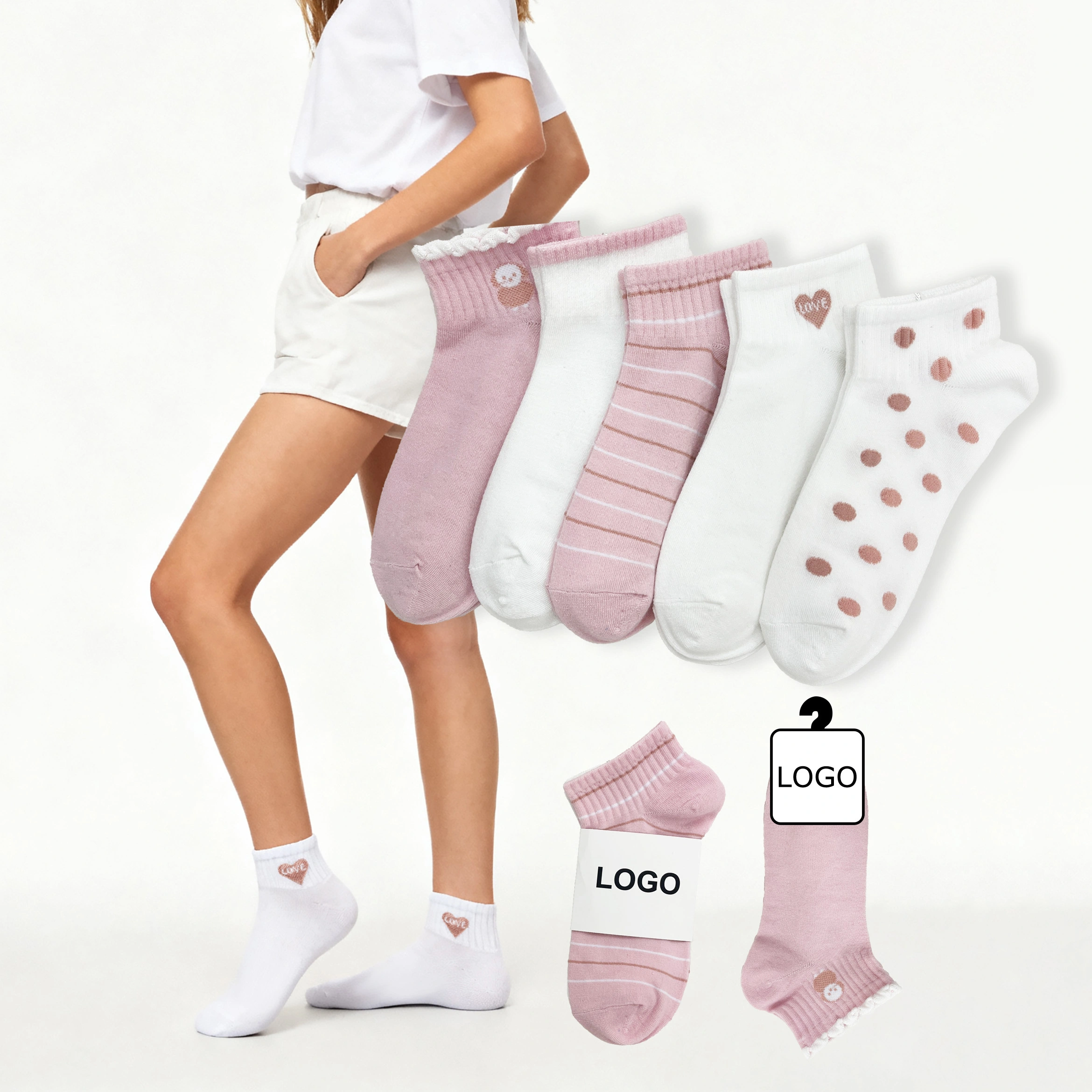 Calcetines tobilleros de punto para mujer, venta al por mayor, con embalaje personalizado, transpirables, para primavera y verano, HY-W-071 1