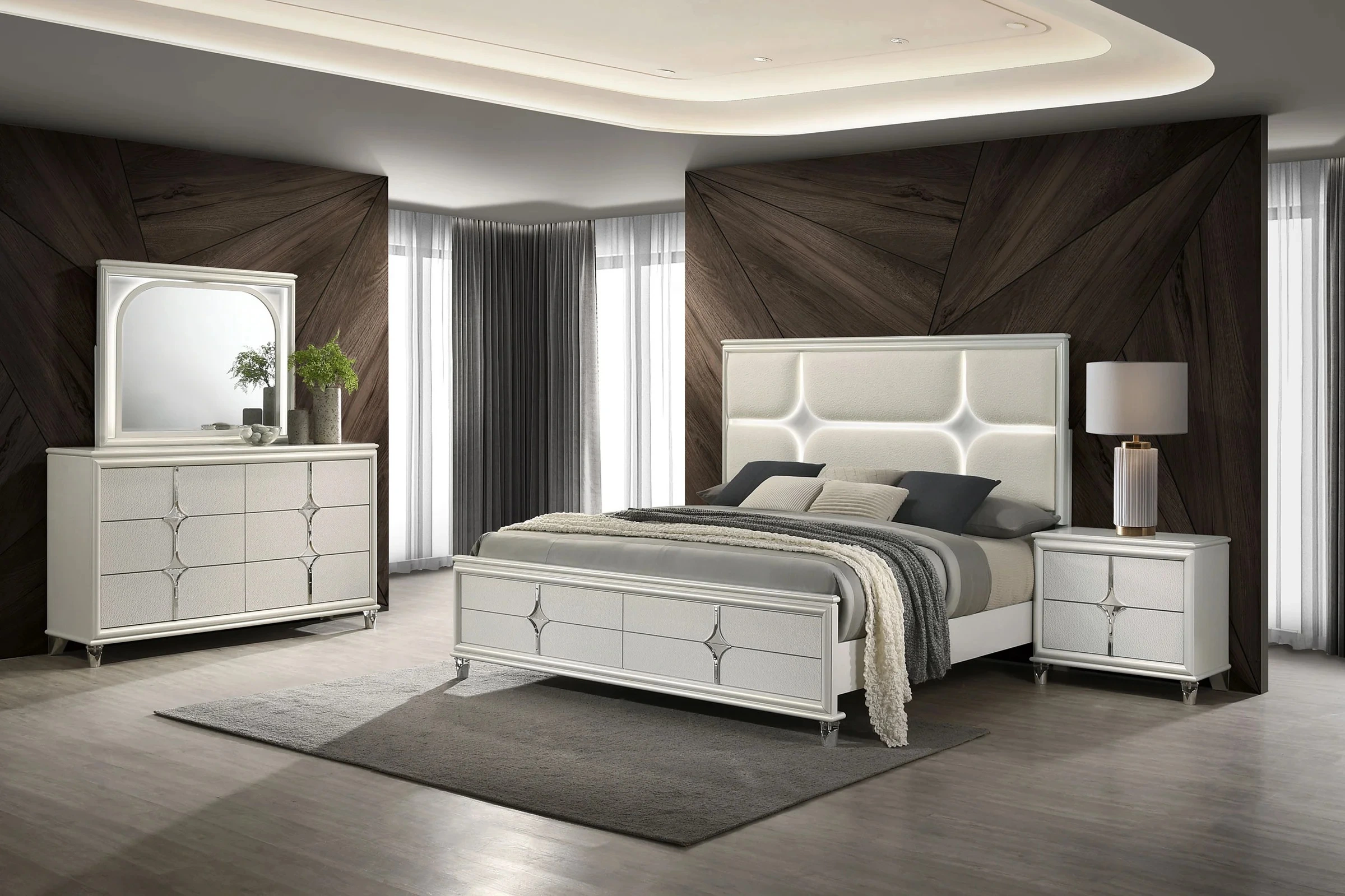 Elegant 4-PCS Bedroom Set:  bed, mirror , nightstand, all featuring sleek finishes and delicate detailing 1