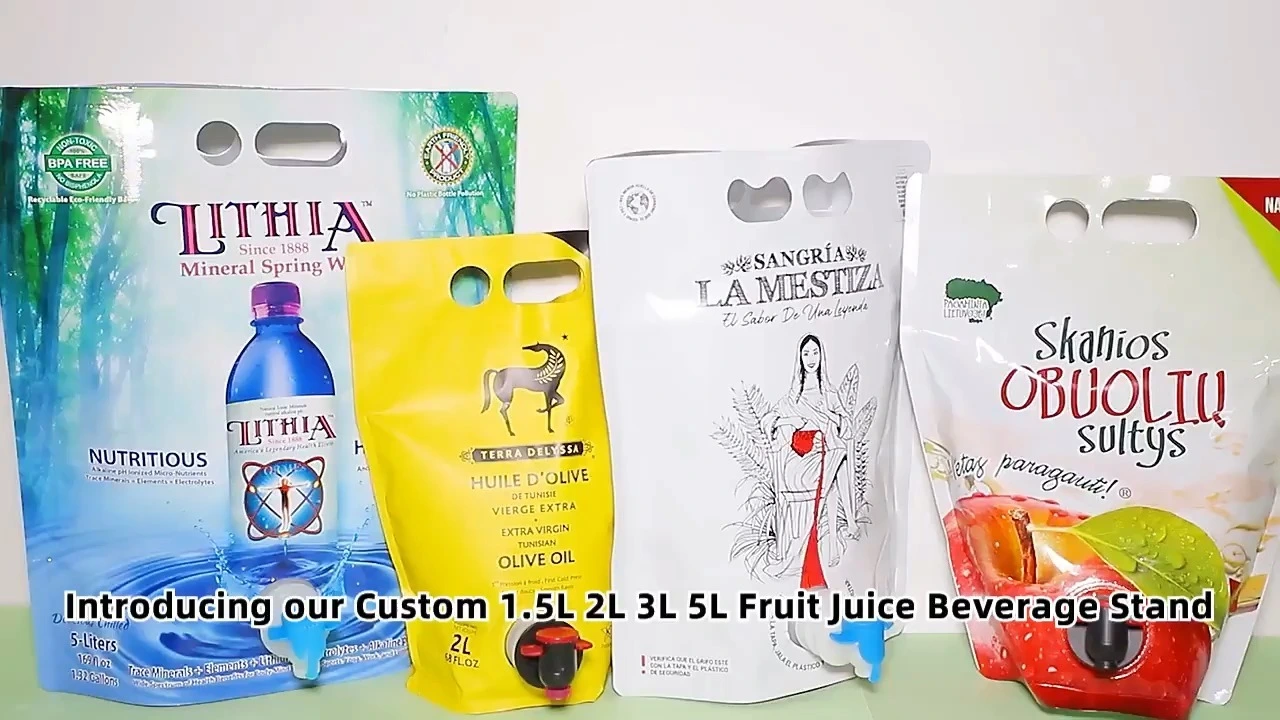 Customized 1.5L, 3L, 5L liquid packaging aluminum beverage spout bags with double bottom stand-up bags and Vitop connectors. 1