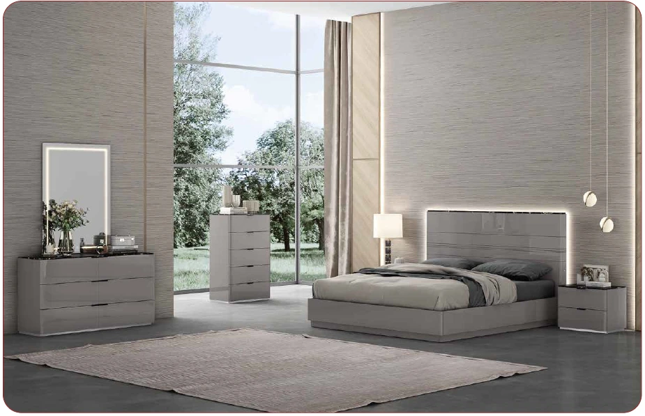 Modern Style 4-piece Gray Lacquered Bedroom Set Including LED Bed, Dressing Table, Bedside Table and Chest of Drawers 1