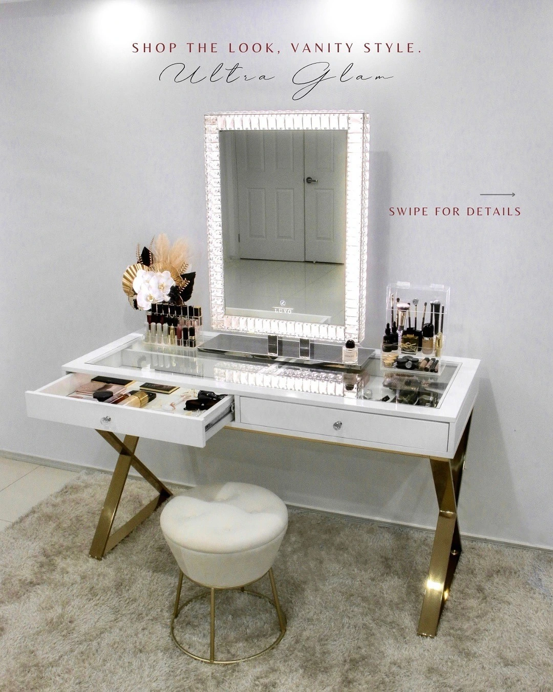 Iron-Leg Vanity Table in White Crystal Paint, with Built-in LED Lights & Crystal Mirror – Sturdy, Elegant for Bedroom/Dressing Room 1