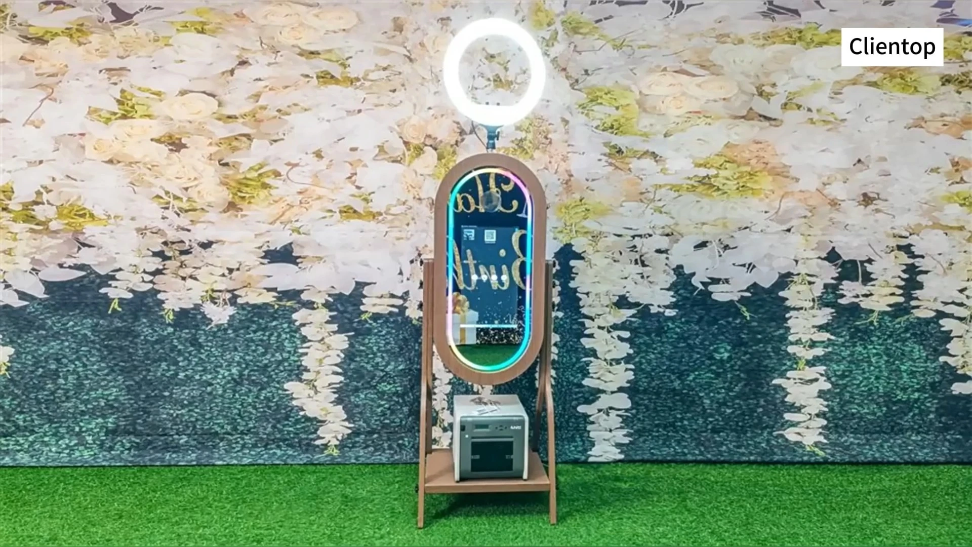 Customizable 21.5 Wood Grain Photo Booth with Camera and Printer 1
