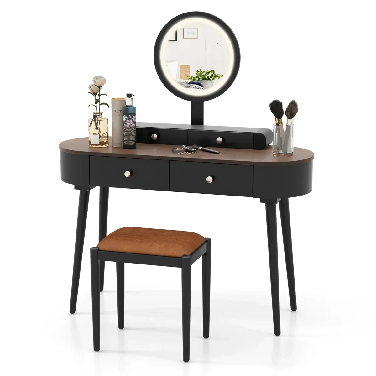 Bamboo Solid Wood Makeup Vanity Desk Set w/LED Lighted Mirror, Drawers, Cushioned Stool 1