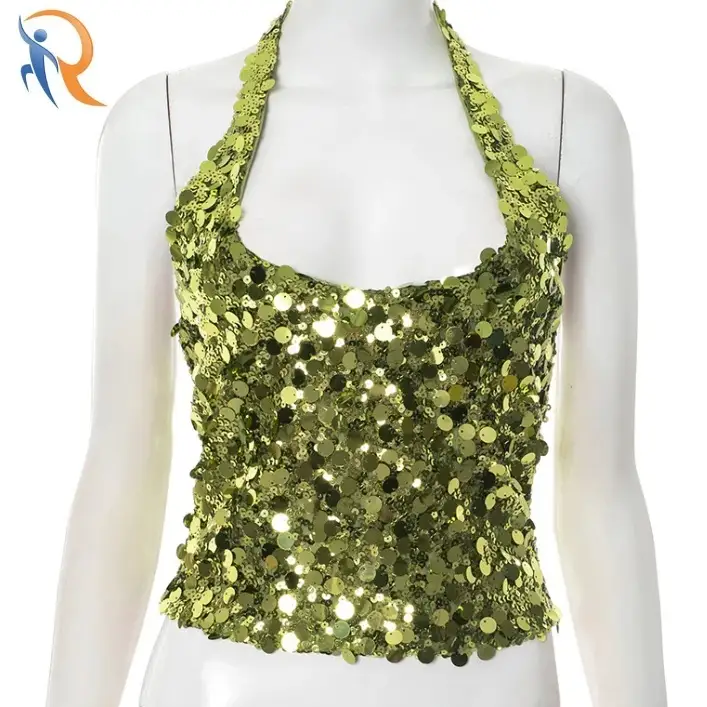 بلوزة هالتر | بلوزة قصيرة لامعة، رباط مكشوف الظهر 1