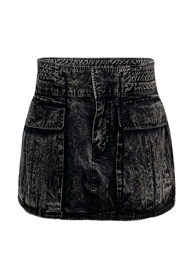 Black Women Washed Denim Mini Skirt with High Waist and Pockets 1