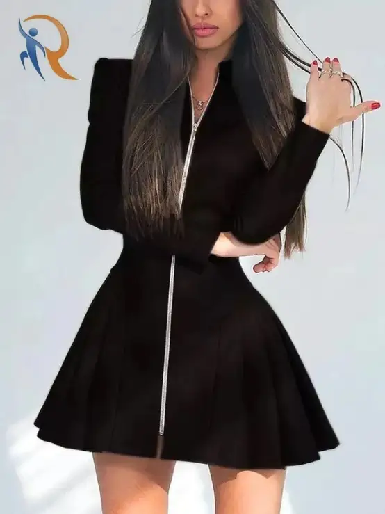 Womens Fitted Long Sleeve Faux Leather Dress with Pleated Detail and Front Zipper 1