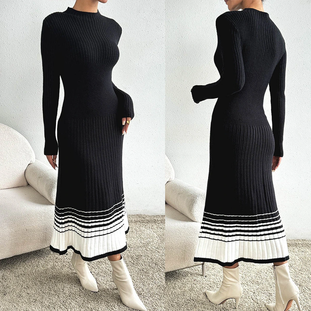 Wholesale Women's Winter Sweater Dress Black & White Striped Pleated Maxi Dress European American Style Base Layer 1