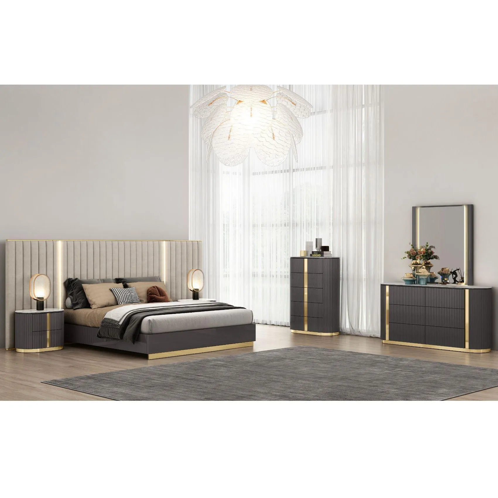 Modern Style Luxury High-Grade 5-Piece Bedroom Set with MDF Paint Finish, Black-Gold Color Scheme & Vertical Stripes 1