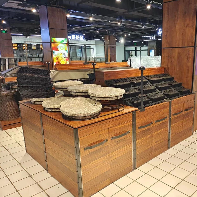 Expositor comercial de frutas y verduras: expositor de madera de doble cara con soportes para carteles, ideal para supermercados y mercados agrícolas. 1