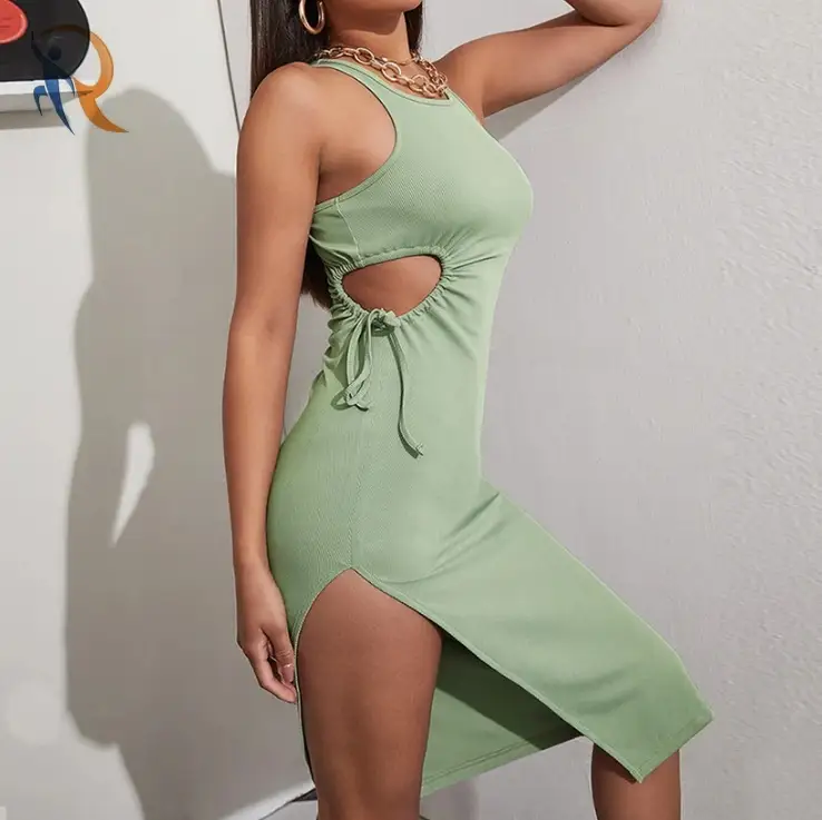 Strap Dress With Side Cutout Tied Detail Pleated Skirt And Thigh Slit 1
