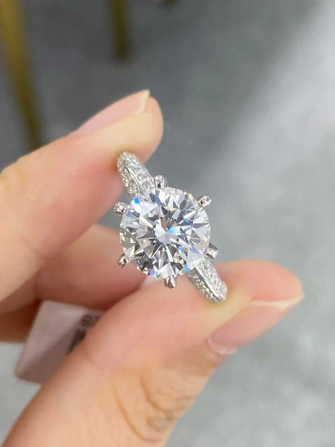 18K White Gold 3ct Round Lab Diamond Ring With Millegrain And Lab Diamond Side-Stones Pave 1